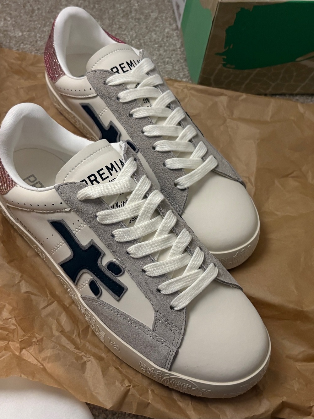 Premiata White Sneakers with Gray Suede and Pink Heel Accent